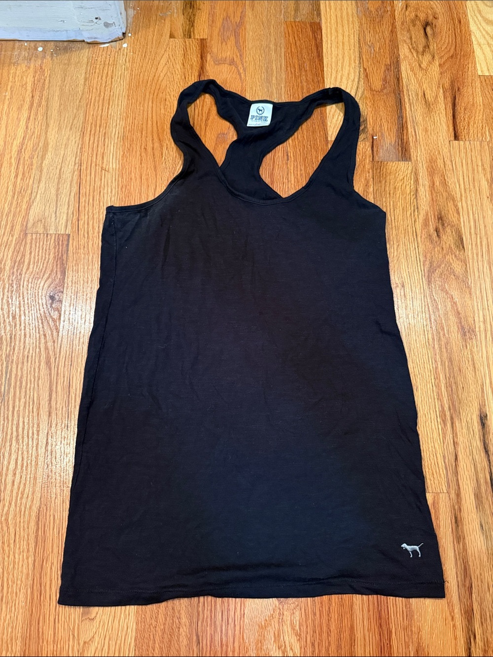 PINK Victoria's Secret Black Racerback Tank with Silver Dog Logo